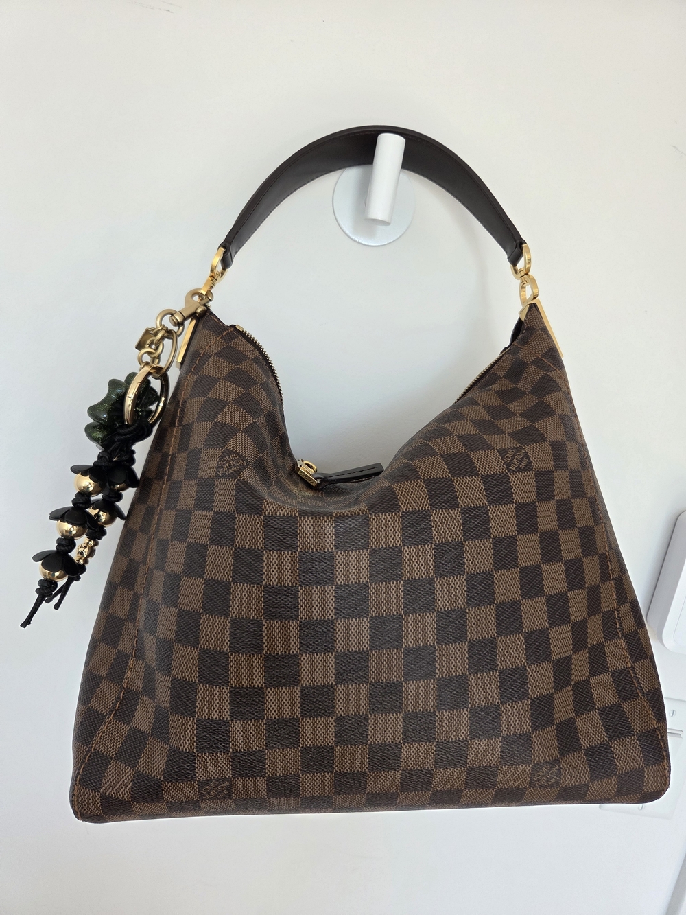 Louis Vuitton Damier Ebene Portobello Shoulder Hobo with Gold Hardware.
